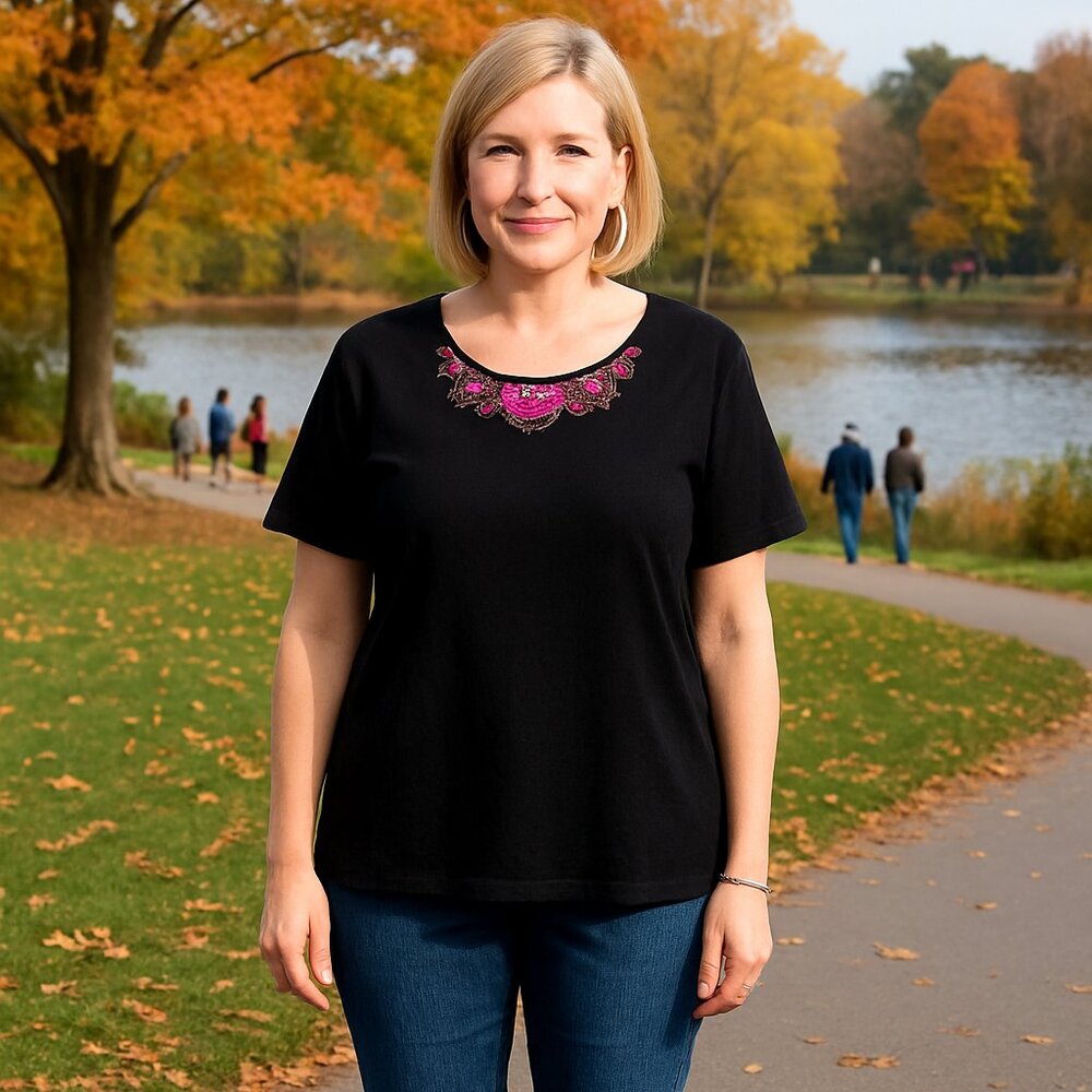 Classic Elements 100% Cotton Short Sleeve Black Floral Top